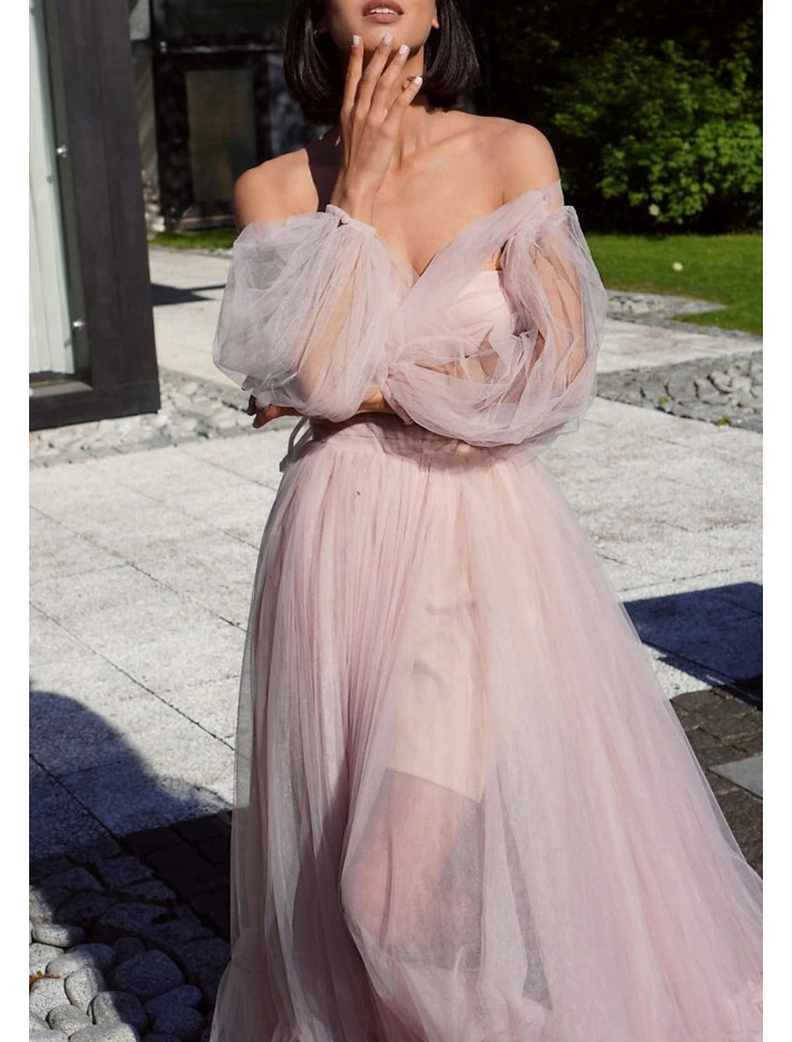 A-Line Elegant Sexy Wedding Guest Prom Dress Off Shoulder Long Sleeve Floor Length Tulle with Bow(s) Pleats