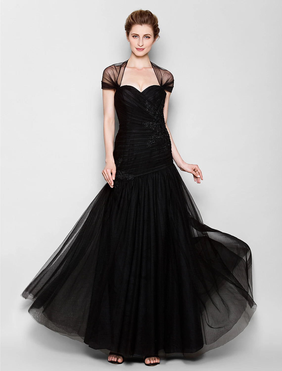 Fit & Flare Mother of the Bride Dress Queen Anne Floor Length Tulle Short Sleeve No with Criss Cross Appliques