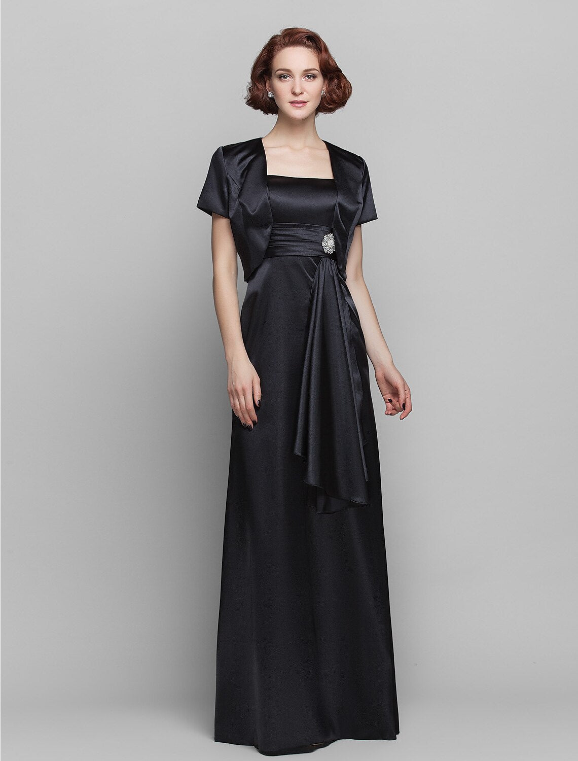Sheath / Column Mother of the Bride Dress Wrap Included Spaghetti Strap Floor Length Stretch Satin Short Sleeve with Ruched Tassel Crystal Brooch