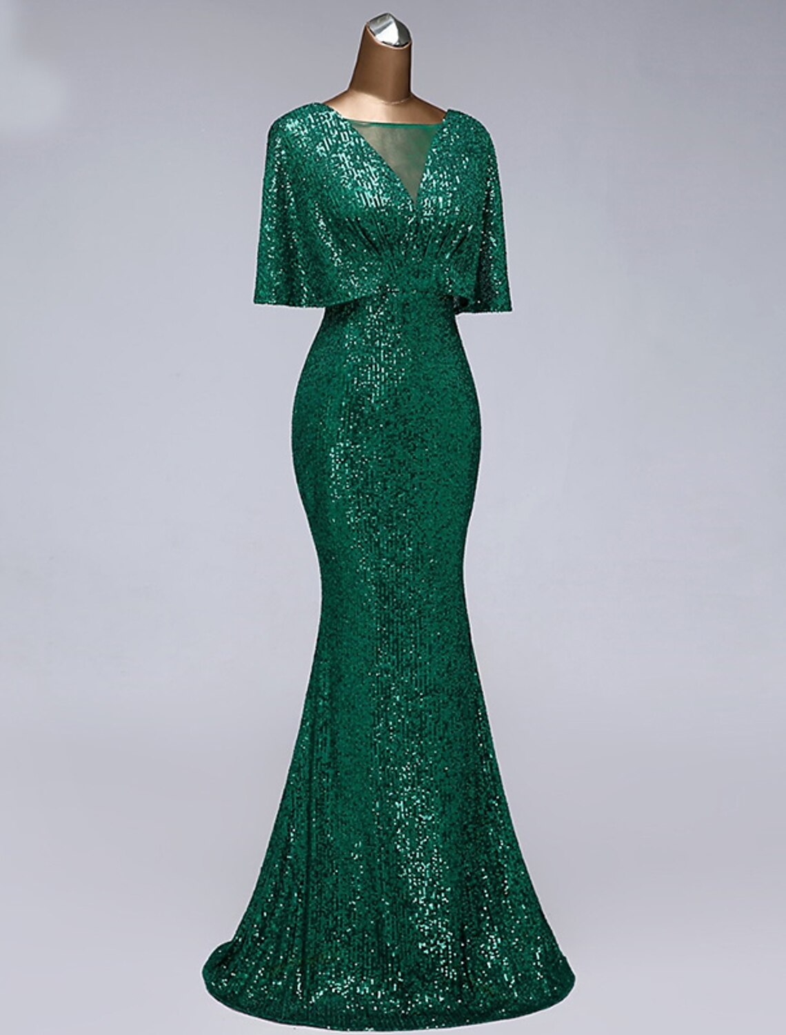 Mermaid / Trumpet Prom Dresses Sparkle Dress Wedding Guest Prom Floor Length Half Sleeve Illusion Neck Sequined with Sequin Ruffles