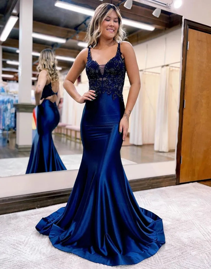 Mermaid Neck Keyhole Straps Back Long Prom Dress