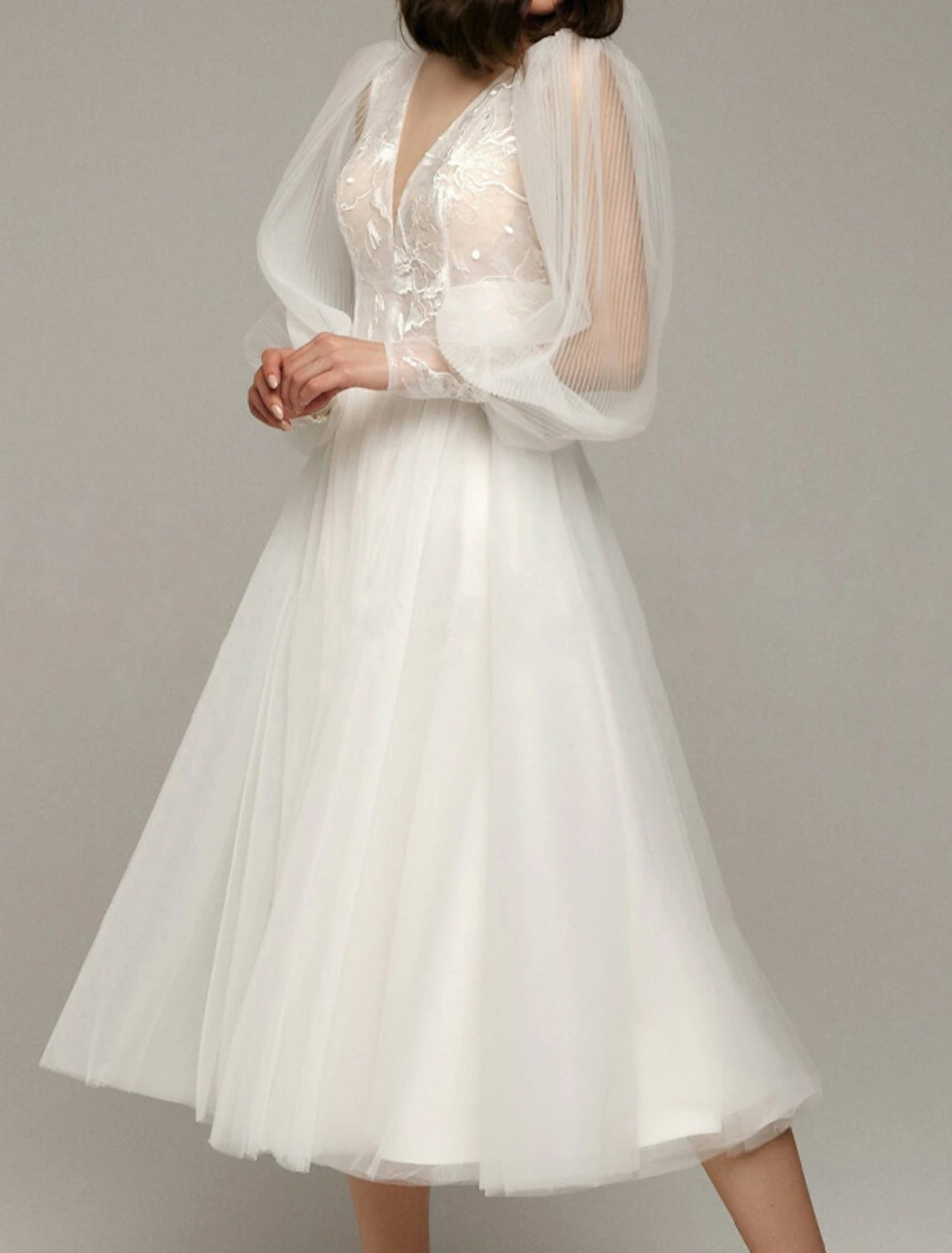 Hall Vintage 1940s / 1950s Little White Dresses Wedding Dresses A-Line V Neck Long Sleeve Tea Length Satin Bridal Gowns With Appliques Solid Color