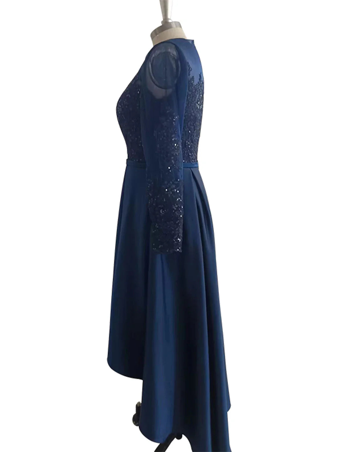 A-Line Cocktail Dresses Wedding Guest Party Wear Asymmetrical Long Sleeve Jewel Neck Satin with Crystals Appliques