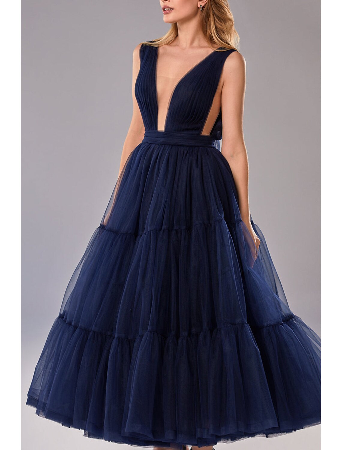 A-Line Prom Dresses Princess Dress Wedding Guest Prom Tea Length Sleeveless V Neck Tulle with Bow(s) Pleats