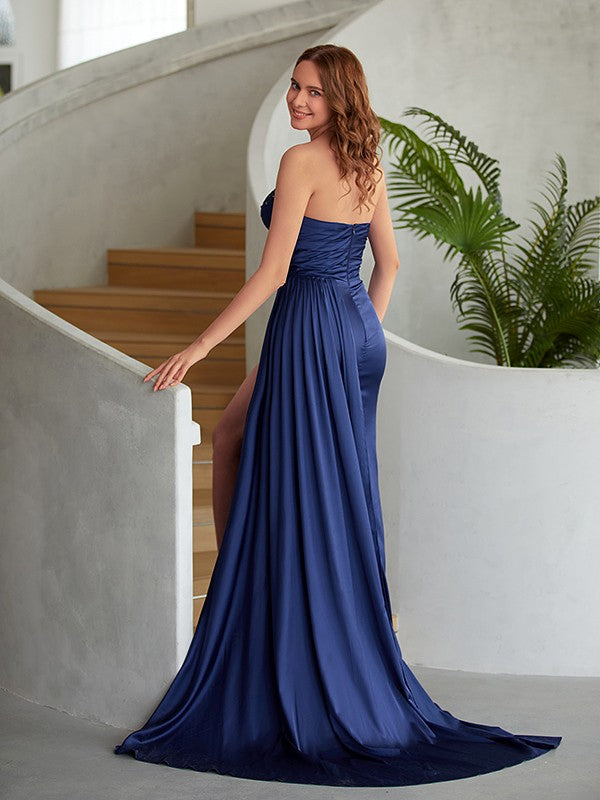 Sheath/Column NS Woven Satin Ruched Sweetheart Sleeveless Floor-Length Dresses