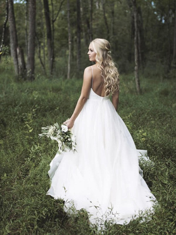 A-Line/Princess Sleeveless V-neck Spaghetti Straps Court Train Lace Tulle Wedding Dresses