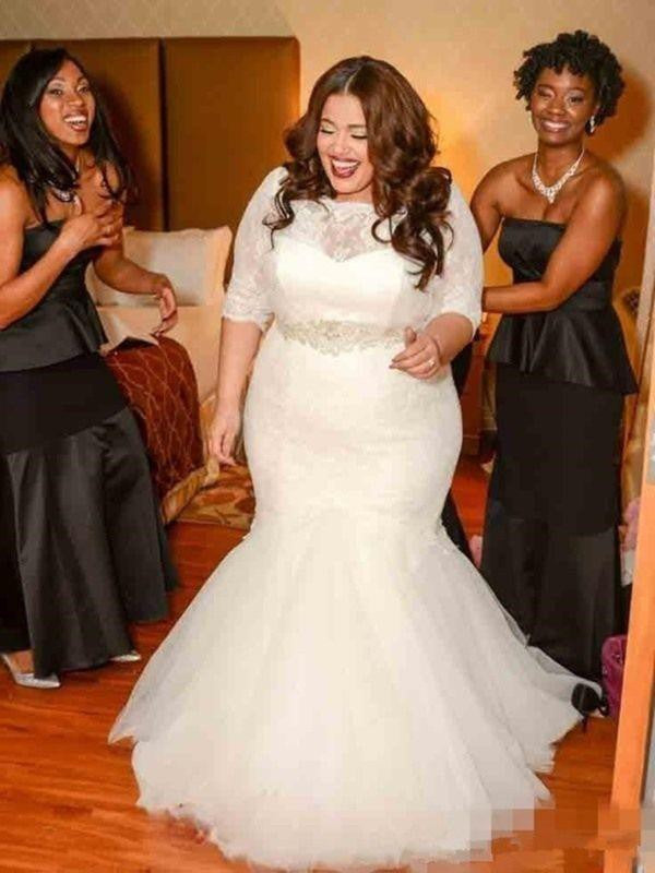 Trumpet/Mermaid Lace Tulle Off-the-Shoulder 1/2 Sleeves Sweep/Brush Train Wedding Dresses