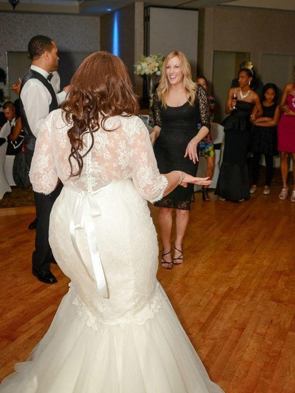 Trumpet/Mermaid Lace Tulle Off-the-Shoulder 1/2 Sleeves Sweep/Brush Train Wedding Dresses