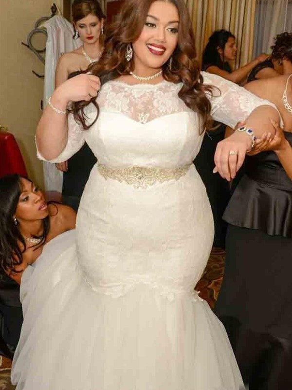 Trumpet/Mermaid Lace Tulle Off-the-Shoulder 1/2 Sleeves Sweep/Brush Train Wedding Dresses