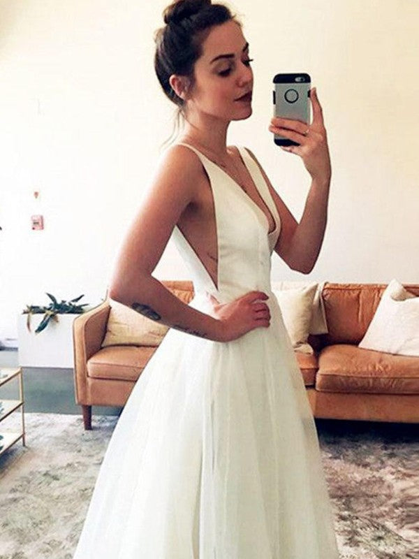 A-Line/Princess Tulle V-neck Ruched Sleeveless Sweep/Brush Train Wedding Dresses