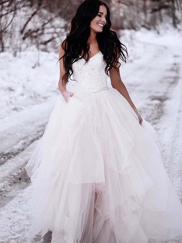 A-Line/Princess Ruched Tulle V-neck Sleeveless Floor-Length Wedding Dresses