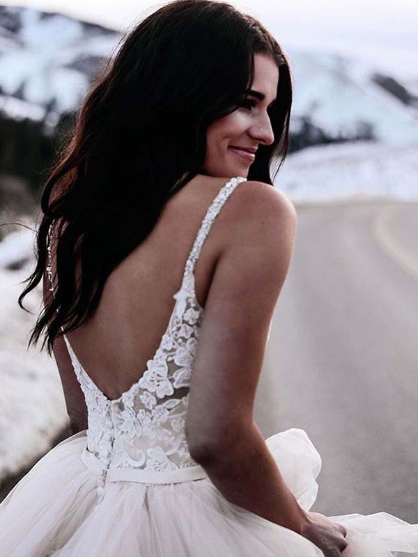 A-Line/Princess Ruched Tulle V-neck Sleeveless Floor-Length Wedding Dresses