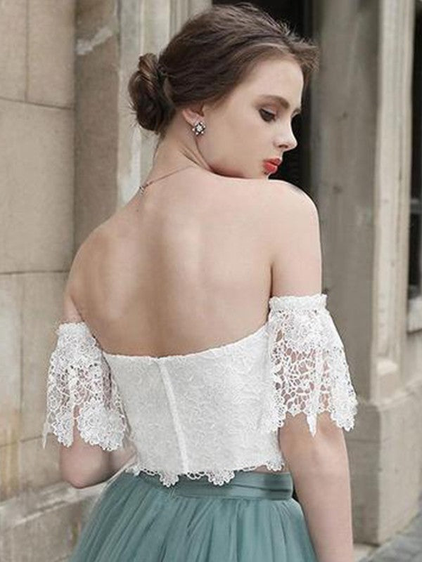 A-Line/Princess Lace Sweetheart Tulle Sleeveless Tea-Length Two Piece Dresses