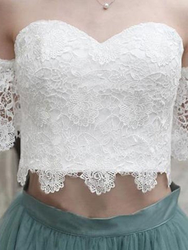 A-Line/Princess Lace Sweetheart Tulle Sleeveless Tea-Length Two Piece Dresses