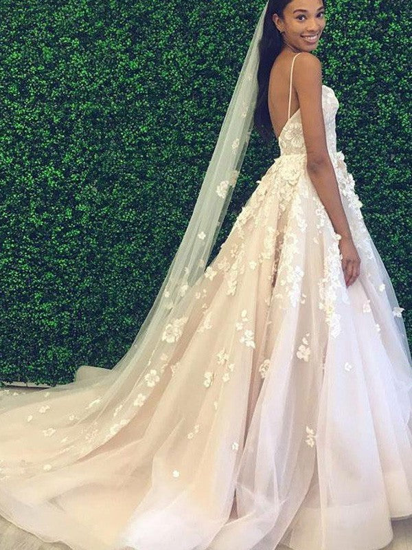 A-Line/Princess Tulle Applique Spaghetti Straps Sleeveless Court Train Wedding Dresses