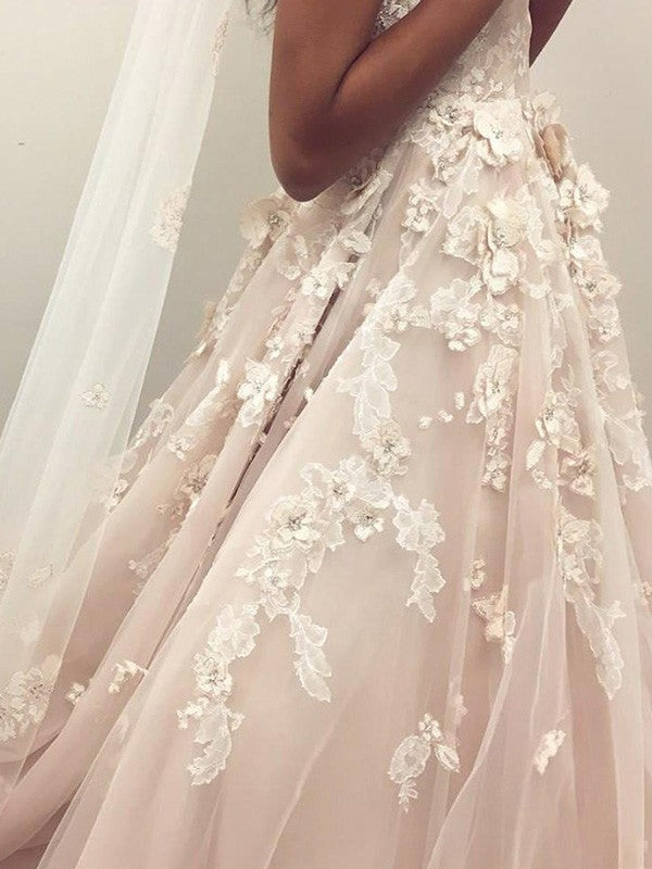 A-Line/Princess Tulle Applique Spaghetti Straps Sleeveless Court Train Wedding Dresses