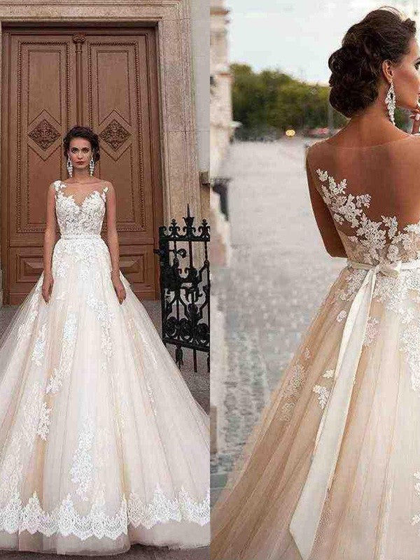 A-Line/Princess Tulle Scoop Applique Sleeveless Court Train Wedding Dresses