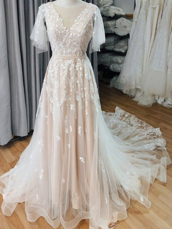 A-Line/Princess Tulle V-neck Short Sleeves Applique Sweep/Brush Train Wedding Dresses