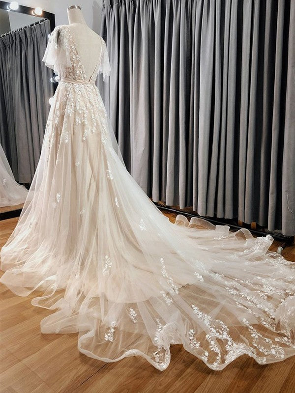A-Line/Princess Tulle V-neck Short Sleeves Applique Sweep/Brush Train Wedding Dresses