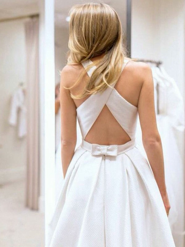 A-Line/Princess Satin Ruffles Scoop Sleeveless Sweep/Brush Train Wedding Dresses