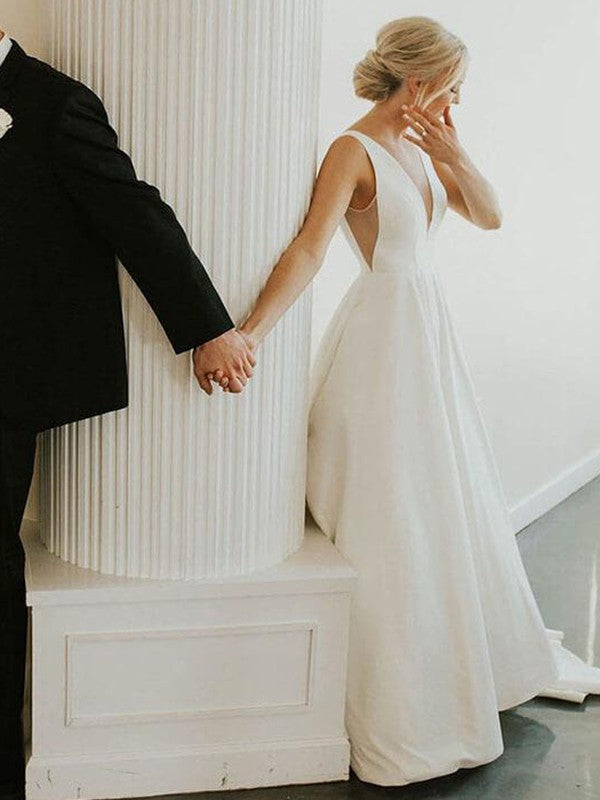 A-Line/Princess Satin Ruffles V-neck Sleeveless Sweep/Brush Train Wedding Dresses