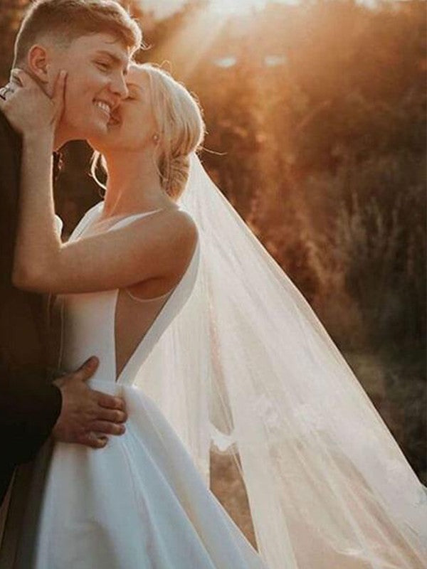 A-Line/Princess Satin Ruffles V-neck Sleeveless Sweep/Brush Train Wedding Dresses