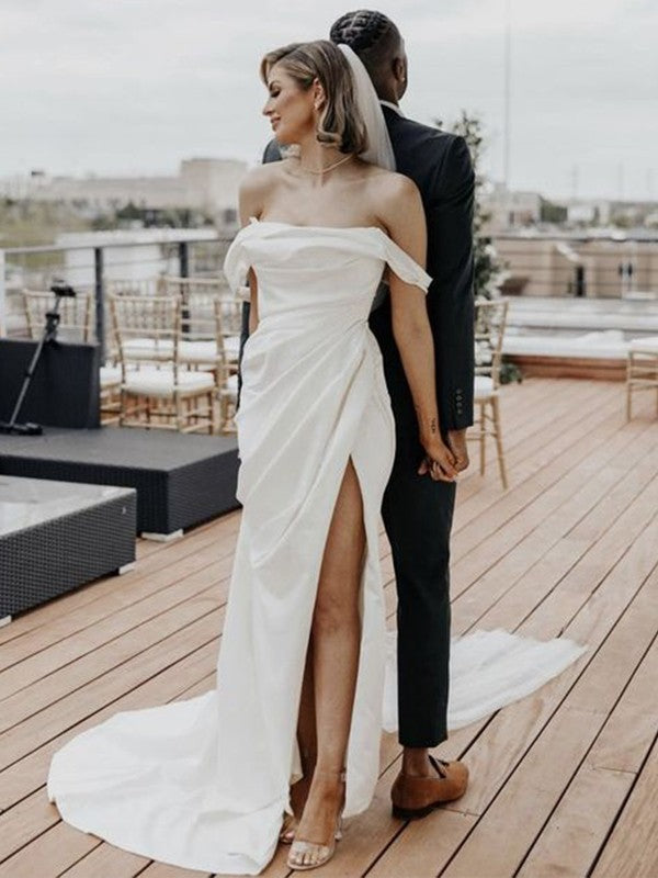 Sheath/Column Satin Ruched Off-the-Shoulder Sleeveless Sweep/Brush Train Wedding Dresses