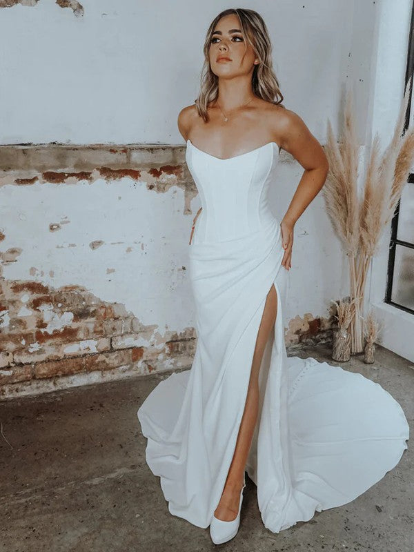 Sheath/Column Stretch Crepe Ruched Strapless Sleeveless Court Train Wedding Dresses