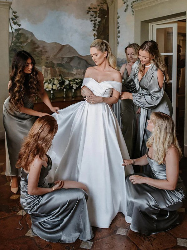 A-Line/Princess Satin Ruched Off-the-Shoulder Sleeveless Chapel Train Wedding Dresses