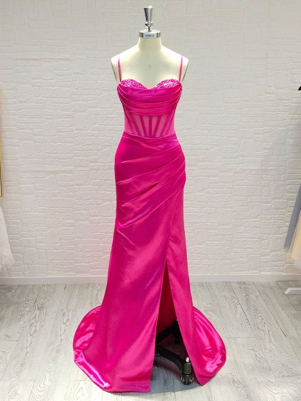 Sheath/Column Woven Satin Ruched Spaghetti Straps Sleeveless Sweep/Brush Train Dresses
