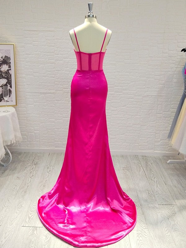 Sheath/Column Woven Satin Ruched Spaghetti Straps Sleeveless Sweep/Brush Train Dresses