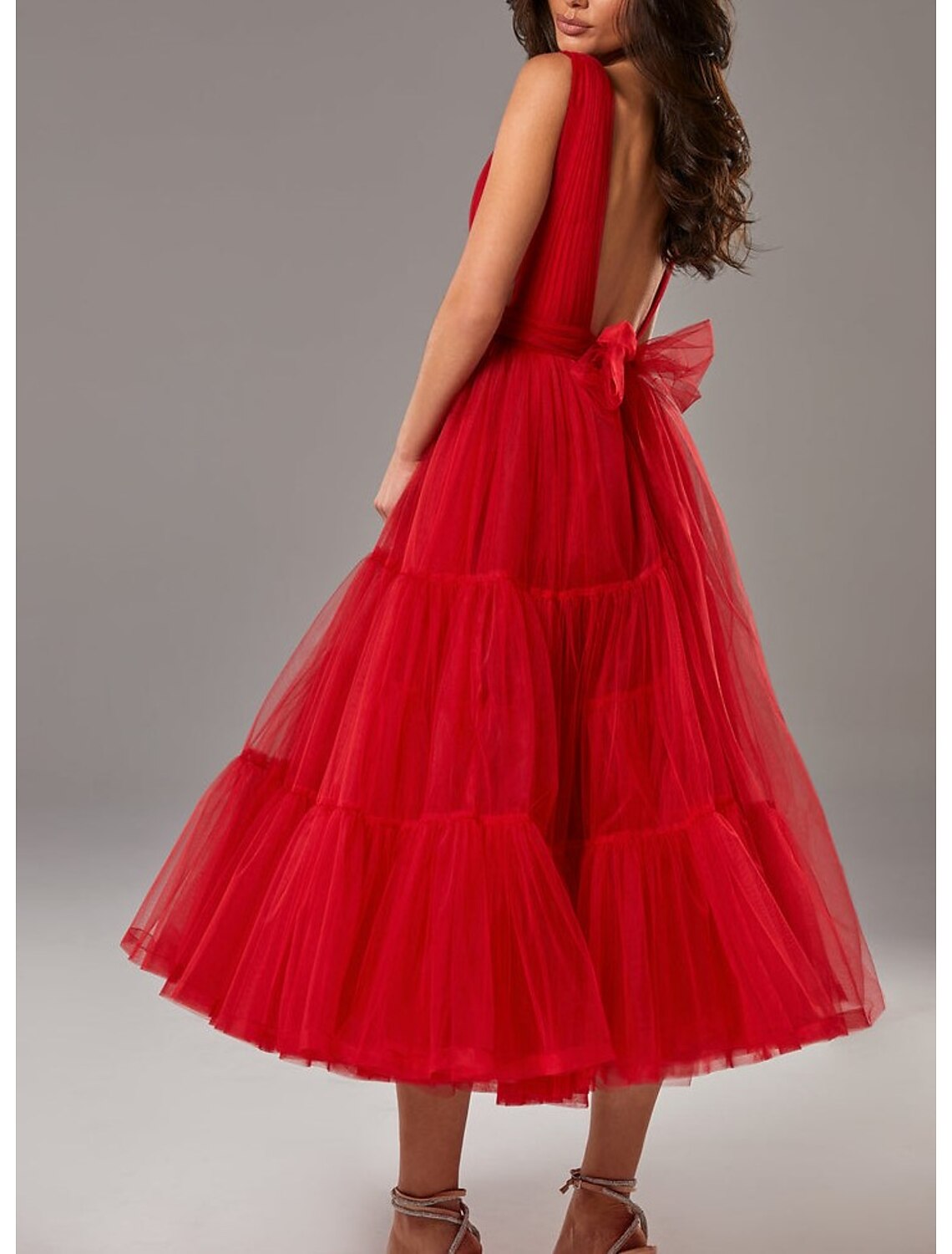 A-Line Prom Dresses Princess Dress Wedding Guest Prom Tea Length Sleeveless V Neck Tulle with Bow(s) Pleats