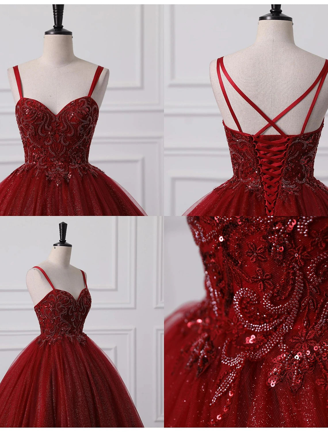 Ball Gown Prom Dresses Princess Dress Graduation Quinceanera Floor Length Sleeveless Spaghetti Strap Lace with Beading Applique