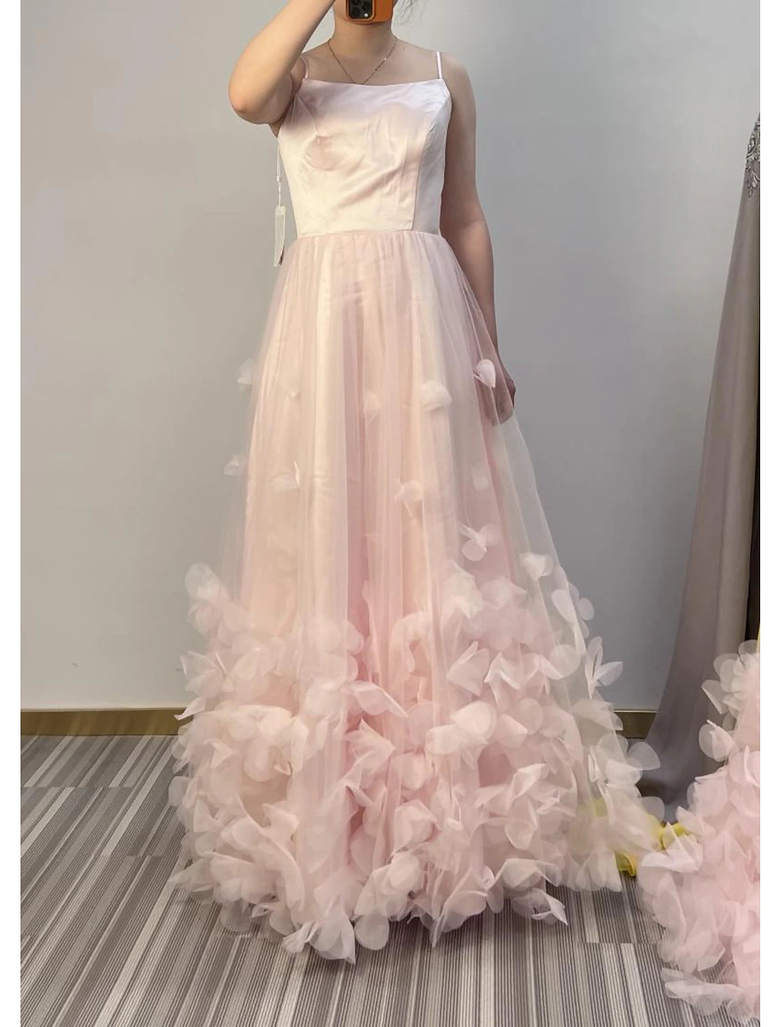 A-Line Prom Party Dress Floral Dress Performance Sweet 16 Floor Length Sleeveless Spaghetti Strap Tulle with Pleats Appliques