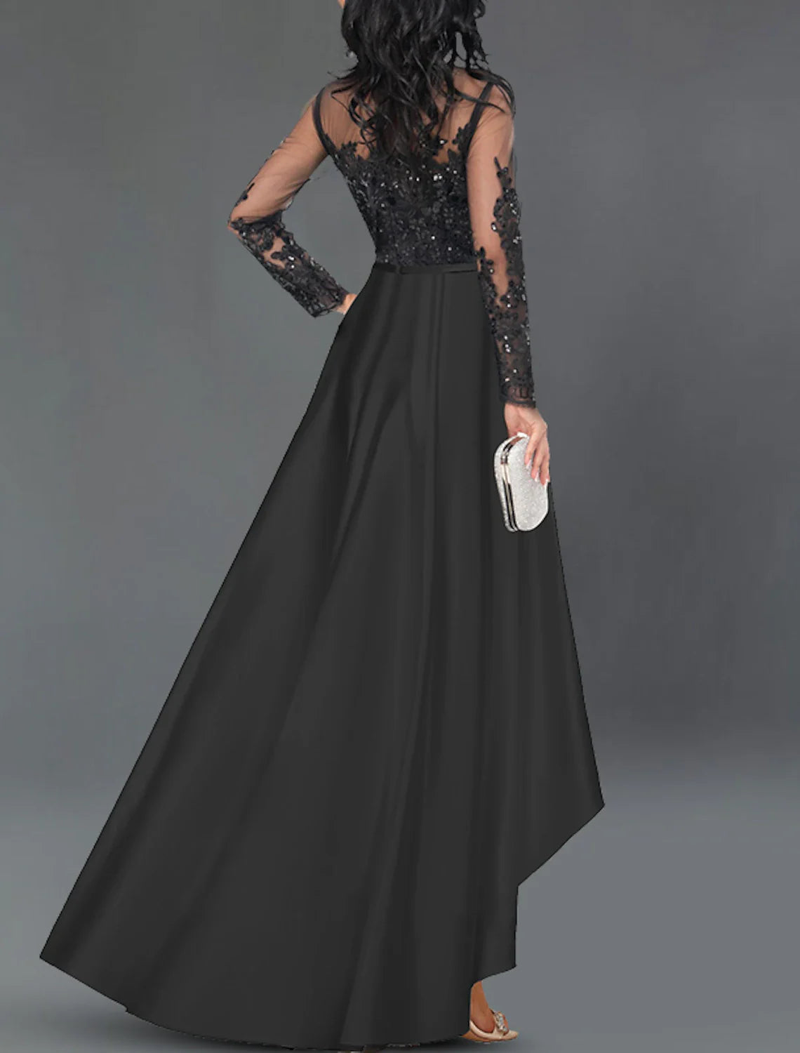 A-Line Cocktail Dresses Wedding Guest Party Wear Asymmetrical Long Sleeve Jewel Neck Satin with Crystals Appliques
