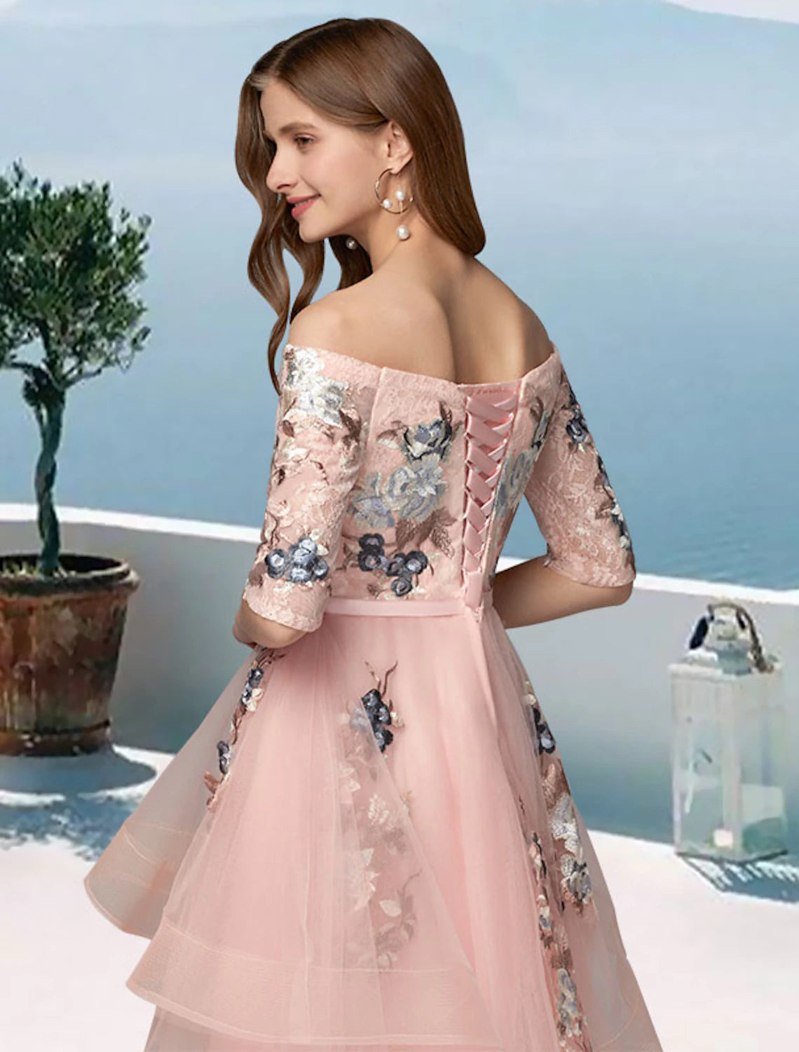 A-Line Prom Dresses Floral Dress Evening Party Wedding Party Asymmetrical Half Sleeve Off Shoulder Satin with Embroidery Applique
