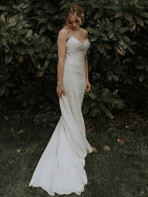 Sheath/Column Stretch Crepe Lace Spaghetti Straps Sleeveless Sweep/Brush Train Wedding Dresses