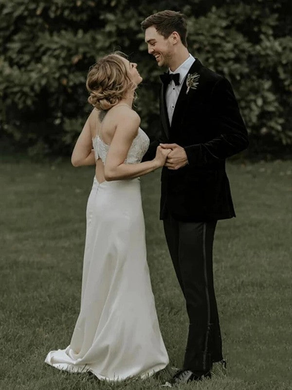 Sheath/Column Stretch Crepe Lace Spaghetti Straps Sleeveless Sweep/Brush Train Wedding Dresses