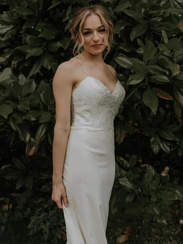 Sheath/Column Stretch Crepe Lace Spaghetti Straps Sleeveless Sweep/Brush Train Wedding Dresses