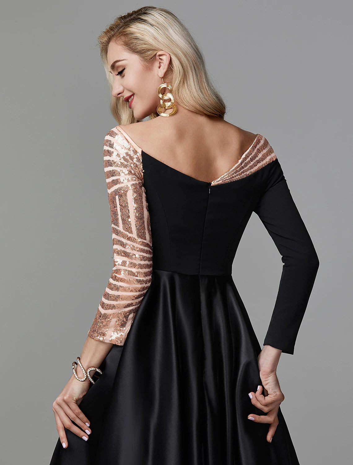 Ball Gown Black Dress Vintage Quinceanera Formal Evening Floor Length Long Sleeve Off Shoulder Satin with Sequin