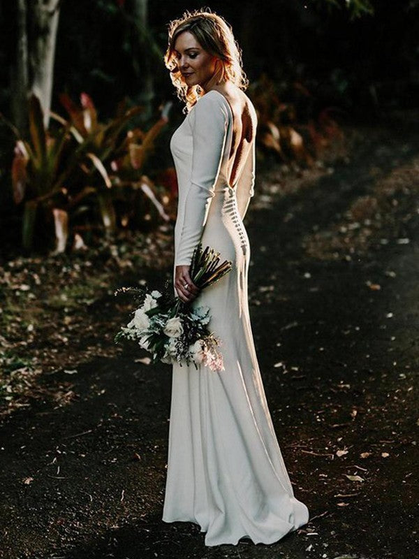 Sheath/Column Jewel Long Sleeves Floor-Length Ruffles Stretch Crepe Wedding Dresses