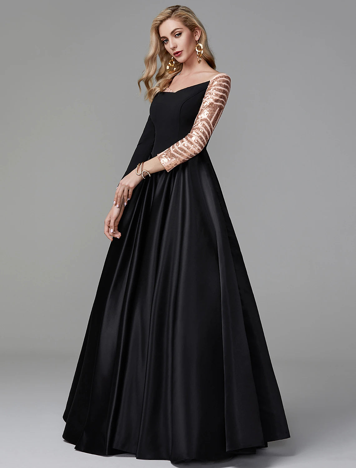 Ball Gown Black Dress Vintage Quinceanera Formal Evening Floor Length Long Sleeve Off Shoulder Satin with Sequin