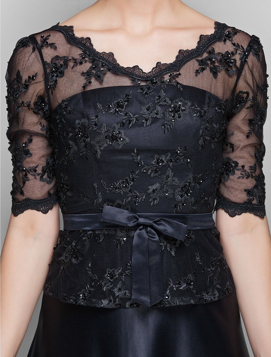 A-Line Mother of the Bride Dress V Neck Floor Length Satin Lace Half Sleeve with Lace Bow(s) Beading