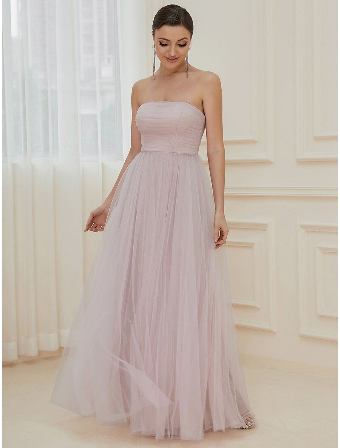 A-Line Evening Gown Elegant Dress Wedding Guest Floor Length Sleeveless Off Shoulder Tulle with Tiered