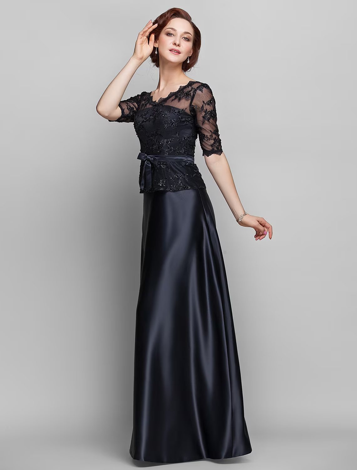 A-Line Mother of the Bride Dress V Neck Floor Length Satin Lace Half Sleeve with Lace Bow(s) Beading