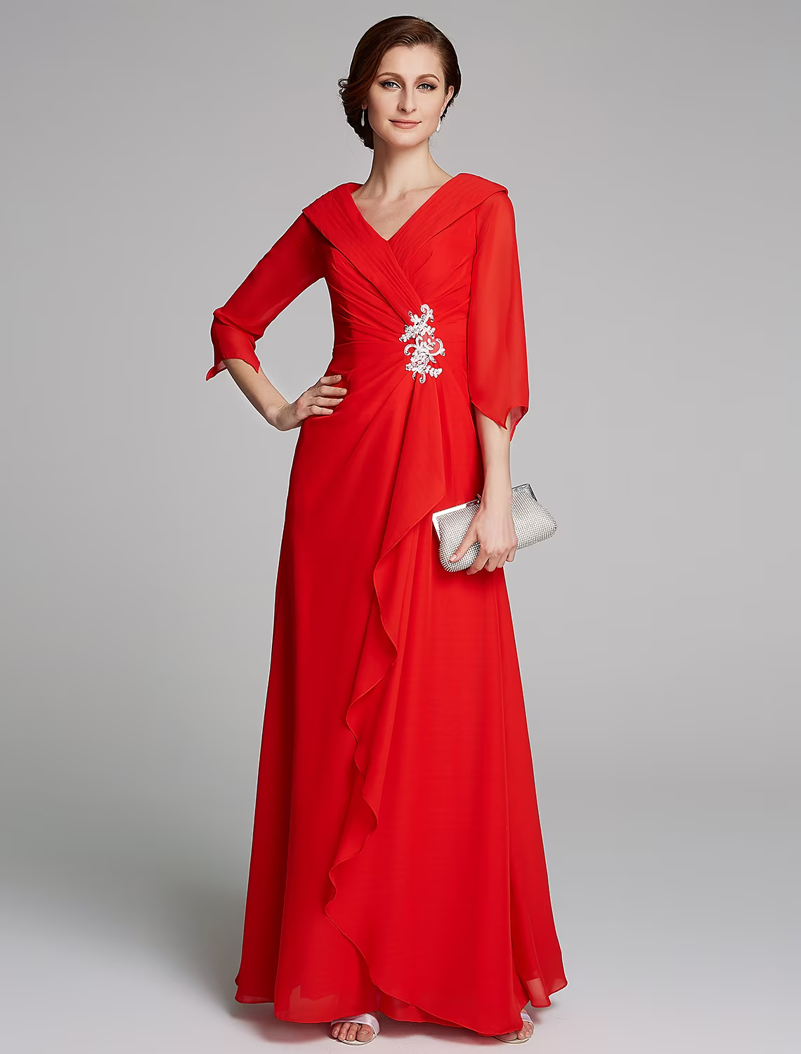 A-Line Mother of the Bride Dress Elegant V Neck Floor Length Chiffon Half Sleeve with Pleats Appliques