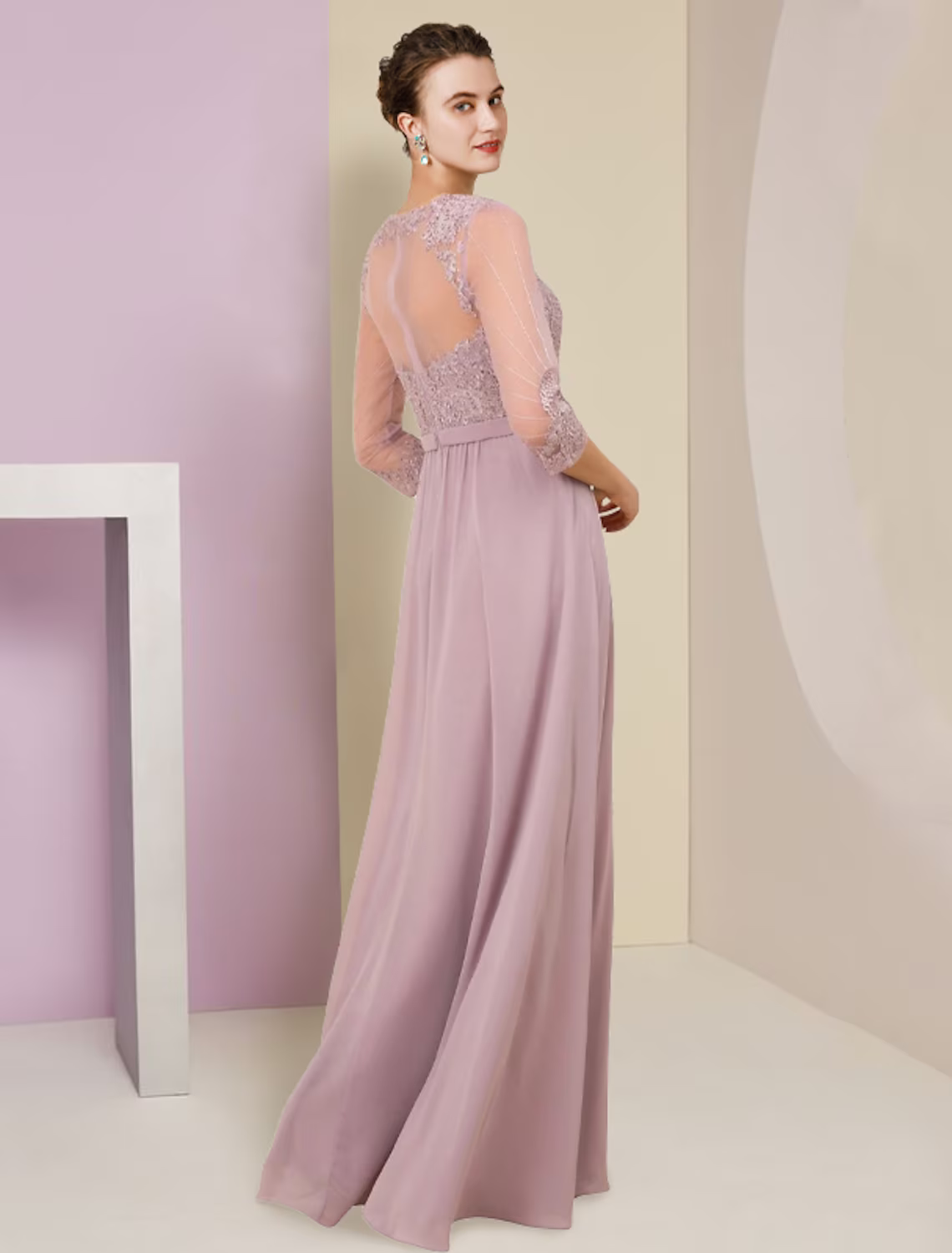 A-Line Mother of the Bride Dress Formal Wedding Guest Elegant V Neck Floor Length Chiffon Lace Sleeve with Pleats Appliques