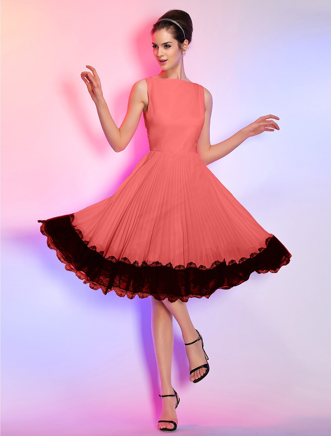 A-Line Vintage Dress Knee Length Sleeveless Boat Neck Chiffon Lace