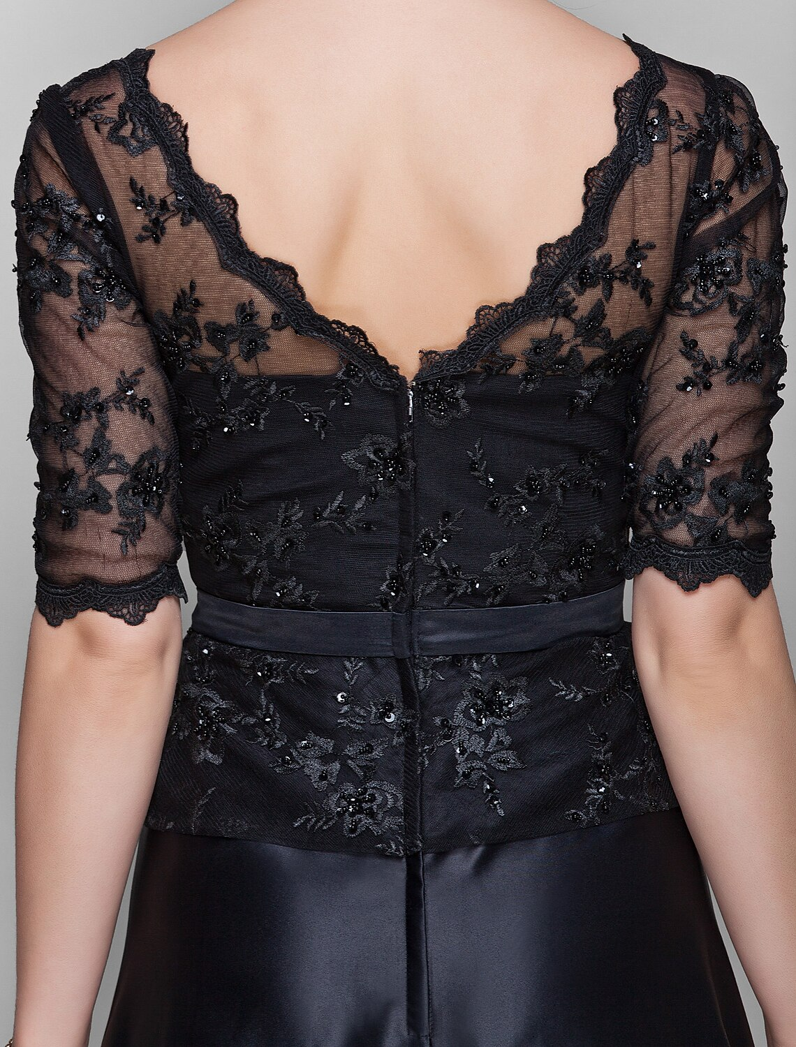 A-Line Mother of the Bride Dress V Neck Floor Length Satin Lace Half Sleeve with Lace Bow(s) Beading