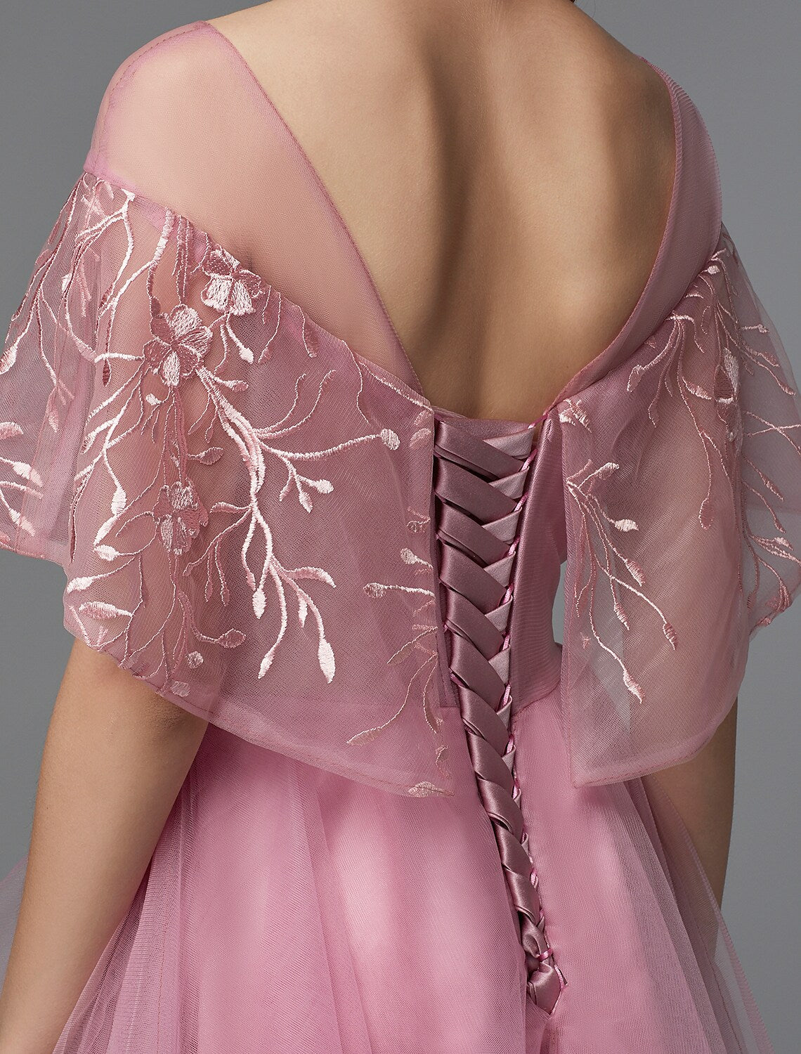 A-Line Elegant Dress Asymmetrical Sleeveless Neck Lace Tie Back with Lace